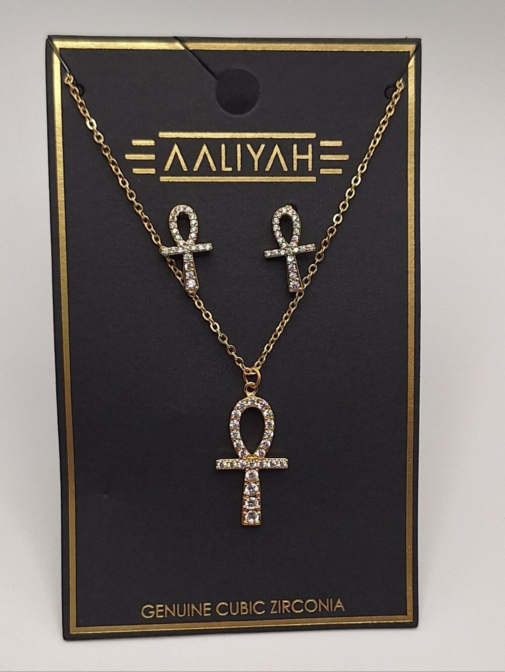 NWT Aaliyah Gold Tone CZ Ankh Necklace & Earrings Jewelry Set